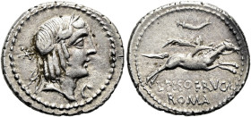 RÖMISCHE REPUBLIK NACH 211 V. CHR. L. Calpurnius Piso Frugi, 90 v. Chr. Denar ø 20mm (3.79g). Mzst.Rom. Vs.: Kopf des Apollo mit Lorbeerkranz n. r., d...