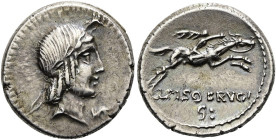 RÖMISCHE REPUBLIK NACH 211 V. CHR. L. Calpurnius Piso Frugi, 90 v. Chr. Denar ø 18mm (3.79g). Mzst.Rom. Vs.: Kopf des Apollo mit Lorbeerkranz n. r., d...