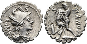 RÖMISCHE REPUBLIK NACH 211 V. CHR. C. Publicius, 80 v. Chr. Denar ø 19mm (3.99g). Mzst.Rom. Vs.: ROMA, drapierte Büste der Roma mit Helm n. r., darübe...