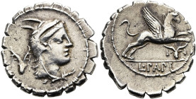 RÖMISCHE REPUBLIK NACH 211 V. CHR. L. Papius, 79 v. Chr. Denar ø 20mm (4.12g). Mzst.Rom. Vs.: Kopf der Juno Sospita im Ziegenfell n. r., dahinter Bukr...