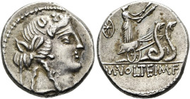 RÖMISCHE REPUBLIK NACH 211 V. CHR. M. Volteius, 78 v. Chr. Denar ø 17mm (3.83g). Mzst.Rom. Vs.: Kopf des Liber mit Efeukranz n. r. Rs.: M VOLTEI M F, ...