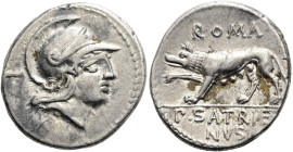 RÖMISCHE REPUBLIK NACH 211 V. CHR. P. Satrienus, 77 v. Chr. Denar ø 18mm (3.87g). Mzst.Rom. Vs.: Kopf der Roma mit attischem Helm n. r., dahinter T. R...