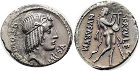 RÖMISCHE REPUBLIK NACH 211 V. CHR. Q. Pomponius Musa, 66 v. Chr. Denar ø 20mm (3.45g). Mzst.Rom. Vs.: Q POMPONI / MVSA, Kopf des Apollon mit Tänie n. ...