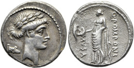RÖMISCHE REPUBLIK NACH 211 V. CHR. Q. Pomponius Musa, 66 v. Chr. Denar ø 19mm (3.47g). Mzst.Rom. Vs.: Kopf des Apollon mit Lorbeerkranz n. r., dahinte...