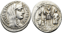 RÖMISCHE REPUBLIK NACH 211 V. CHR. L. Aemilius Lepidus Paullus, 62 v. Chr. Denar ø 20mm (3.57g). Mzst.Rom. Vs.: PAVLLVS LEPIDVS CONCORDIA, Kopf der Co...
