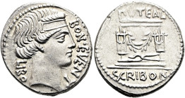 RÖMISCHE REPUBLIK NACH 211 V. CHR. L. Scribonius Libo, 62 v. Chr. Denar ø 20mm (3.92g). Mzst.Rom. Vs.: LIBO / BON EVENT, Kopf des Bonus Eventus n. r. ...