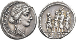 RÖMISCHE REPUBLIK NACH 211 V. CHR. M. Iunius Brutus, 54 v. Chr. Denar ø 20mm (3.94g). Mzst.Rom. Vs.: LIBERTAS, Kopf der Libertas n. r. Rs.: BRVTVS, L....