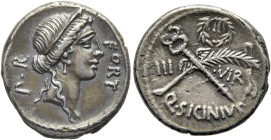 RÖMISCHE REPUBLIK NACH 211 V. CHR. Q. Sicinius, 49 v. Chr. Denar ø 18mm (3.80g). Mzst.Rom. Vs.: FORT / P R, Kopf der Fortuna Populi Romani mit Diadem ...