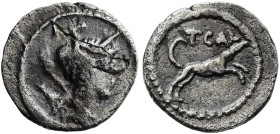 RÖMISCHE REPUBLIK NACH 211 V. CHR. T. Carisius, 46 v. Chr. AR-Sesterz ø 11mm (0.67g). Mzst.Rom. Vs.: Büste der Diana mit Bogen u. Köcher n. r. Rs.: T ...