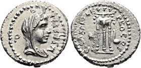 RÖMISCHE REPUBLIK NACH 211 V. CHR. M. Iunius Brutus und L. Sestius, 43 - 42 v. Chr. Denar ø 20mm (3.92g). Mzst.mobil. Vs.: L SESTI PRO Q, drapierte Bü...