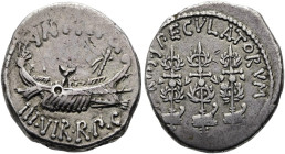 RÖMISCHE REPUBLIK NACH 211 V. CHR. Marcus Antonius, 32 - 31 v. Chr. Denar ø 17mm (3.86g). Mzst.Patras? Vs.: ANT AVG / IIIVIR R P C, Kriegsgaleere n. r...