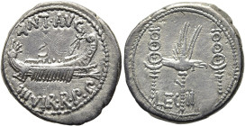 RÖMISCHE REPUBLIK NACH 211 V. CHR. Marcus Antonius, 32 - 31 v. Chr. Denar ø 19mm (3.56g). Mzst.Patras? Vs.: ANT AVG / IIIVIR R P P, Galeere n. r. Rs.:...
