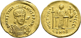 Iustinian I., 527 - 565 n. Chr. Solidus ø 21mm (4.41g). 527 - 537 n. Chr. Mzst.Konstantinopel. Vs.: D N IVSTINI-ANVS PP AVG, Panzerbüste, Kopf leicht ...
