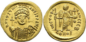 Iustinian I., 527 - 565 n. Chr. Solidus ø 21mm (4.51g). 537 - 542 n. Chr. Mzst.Konstantinopel. Vs.: D N IVSTINI-ANVS PP AVG, Panzerbüste mit Helm, Per...