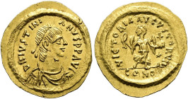Iustinian I., 527 - 565 n. Chr. Tremissis ø 16mm (1.43g). Mzst.Konstantinopel. Vs.: D N IVSTINI-ANVS PP AVG, drapierte Panzerbüste mit Perlendiadem n....
