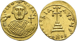 Leontius, 695 - 698 n. Chr. Solidus ø 20mm (4.32g). 695 - 698 n. Chr. Mzst.Konstantinopel. Vs.: D LEO-N PE AV, Büste mit Krone, Loros, Kreuzglobus u. ...