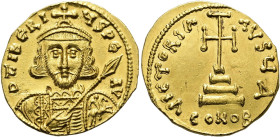 Tiberius III., 698 - 705 n. Chr. Solidus ø 21mm (4.46g). Mzst.Konstantinopel. Vs.: D TIbERI-VS PE AV, bärtige Panzerbüste mit Krone, Lanze u. Schild. ...