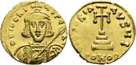 Tiberius III., 698 - 705 n. Chr. Solidus ø 19mm (4.42g). Mzst.Konstantinopel. Vs.: D TIbERI-VS PE AV, bärtige Panzerbüste mit Krone, Lanze u. Schild. ...
