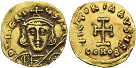 Tiberius III., 698 - 705 n. Chr. Tremissis ø 16mm (1.41g). Mzst.Konstantinopel. Vs.: D TIbERI-VS PE [AV], Panzerbüste mit Krone, Lanze u. Schild. Rs.:...