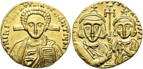 Iustinianus II., 2. Regierung, 705 - 711 n. Chr. Solidus ø 20mm (4.47g). Mzst.Konstantinopel. Vs.: d N IhS ChS REX REGNANTIVM, Christusbüste mit Kodex...