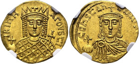 Constantin VI. und Eirene, 780 - 797 n. Chr. Solidus ø 20mm (4.36g). 792 - 797 n. Chr. Mzst.Konstantinopel. Vs.: IRInH AGOVSTI, Büste der Irene mit Kr...