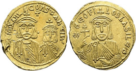 Theophilos, 829 - 842 n. Chr. Solidus ø 21mm (4.25g). 831 - 842 n. Chr. Mzst.Konstantinopel. Vs.: + mIXAHL S COnSTAnTIns, drapierte Büsten des Michael...