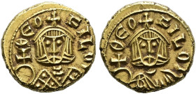 Theophilos, 829 - 842 n. Chr. Semissis ø 12mm (1.81g). 830 - 831 n. Chr. Mzst.Syrakus. Vs.: ΘEo-CILOs, Büste mit Krone, Loros u. Kreuzglobus. Rs.: ΘEO...