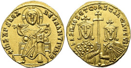 Basilios I. der Makedone, 867 - 886 n. Chr. Solidus ø 20mm (4.45g). 871 - 886 n. Chr. Mzst.Konstantinopel. Vs.: + IhS XRS REX REGNANTIVM *, thronender...