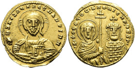 Nicephoros II. Phokas, 963 - 969 n. Chr. Histamenon ø 21mm (4.37g). 967 - 969 n. Chr. Mzst.Konstantinopel. Vs.: + IhS XIS REX REGNANTInm, Christusbüst...