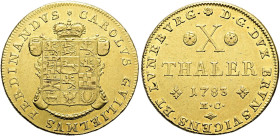 BRAUNSCHWEIG - WOLFENBÜTTEL. Karl Wilhelm Ferdinand, 1780 - 1806. 10 Taler ø 26mm (13.23g). 1783 MC, Braunschweig. Von Fürstenhut bekrönter und verzie...