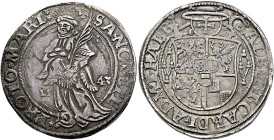 HALBERSTADT-BISTUM. Albrecht von Brandenburg, 1513-1545. 1/2 Taler ø 32mm (14.43g). 1543, Halberstadt. ALBERT.CARDI.ADMI.HALB. Vierfeldiges Wappenschi...