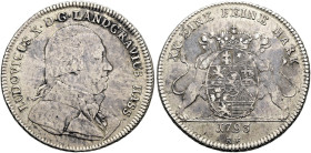 HESSEN-DARMSTADT. Ludwig X. (I.), 1790 - 1830. 1/2 Konventionstaler ø 32mm (13.98g). 1793 RF, Darmstadt. Brustbild in ziviler Kleidung mit gebundenen ...
