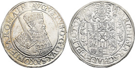 SACHSEN, Kurfürsten und Albertiner. August, 1553 - 1586. Reichstaler ø 40mm (28.77g). 1556 "Adlerkopf", Freiberg. Brustbild in Kurornat mit geschulter...