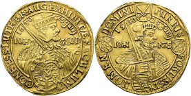 SACHSEN, Kurfürsten und Albertiner. Johann Georg I., 1611 - 1656. 5 Dukaten ø 38mm (17.04g). 1630, Dresden. Auf das 100. Jubiläum der Übergabe der Aug...