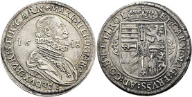 HABSBURGER BIS 1866. Erzherzog Maximilian als Hochmeister des Deutschen Ordens, 1585-1590-1618. Reichstaler ø 40mm (28.29g). 1618 CO, Hall. Geharnisch...