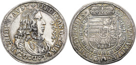 HABSBURGER BIS 1866. Erzherzog Ferdinand Karl, 1632-1662. 1/2 Reichstaler ø 35mm (14.14g). 1654, Hall. Geharnischtes und drapiertes Brustbild mit Vlie...