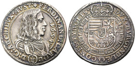 HABSBURGER BIS 1866. Erzherzog Ferdinand Karl, 1632-1662. 1/4 Reichstaler ø 30mm (7.09g). 1654, Hall. Geharnischtes und drapiertes Brustbild mit Vlies...