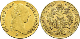 HABSBURGER BIS 1866. Josef II., 1765-1790. Dukat ø 19mm (3.49g). 1789 B, Kremnitz. Für Ungarn. Belorbeerte Büste nach rechts, darunter Münzzeichen B /...
