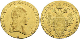 HABSBURGER BIS 1866. Franz II. / I., 1792-1835. Dukat ø 20mm (3.49g). 1821 B, Kremnitz. Für Ungarn. Belorbeerte Büste nach rechts, darunter Münzzeiche...