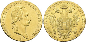 HABSBURGER BIS 1866. Franz II. / I., 1792-1835. Dukat ø 20mm (3.48g). 1826 B, Kremnitz. Für Ungarn. Belorbeerte Büste nach rechts, darunter Münzzeiche...