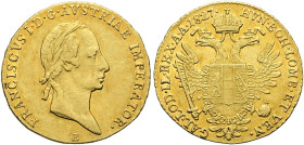 HABSBURGER BIS 1866. Franz II. / I., 1792-1835. Dukat ø 20mm (3.42g). 1827 B, Kremnitz. Für Ungarn. Belorbeerte Büste nach rechts, darunter Münzzeiche...