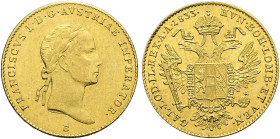 HABSBURGER BIS 1866. Franz II. / I., 1792-1835. Dukat ø 19mm (3.49g). 1833 B, Kremnitz. Für Ungarn. Belorbeerte Büste nach rechts, darunter Münzzeiche...