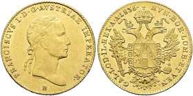 HABSBURGER BIS 1866. Franz II. / I., 1792-1835. Dukat ø 19mm (3.48g). 1835 B, Kremnitz. Für Ungarn. Belorbeerte Büste nach rechts, darunter Münzzeiche...