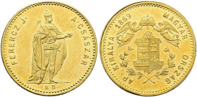 HABSBURGER BIS 1866. Franz Josef, 1848 - 1916. Dukat ø 19mm (3.48g). 1869 KB, Kremnitz. Für Ungarn. Stehender Kaiser in Harnisch und Umhang mit Insign...