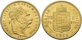 HABSBURGER BIS 1866. Franz Josef, 1848 - 1916. 20 Franken (8 Forint) ø 20mm (6.44g). 1889 KB, Kremnitz. Für Ungarn. Belorbeerte Büste nach rechts, dar...