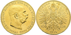 HABSBURGER BIS 1866. Franz Josef, 1848 - 1916. 100 Kronen ø 36mm (33.85g). 1914, Wien. Kopf nach rechts, unter dem Halsabschnitt Signatur ST.SCHWARTZ ...