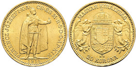 HABSBURGER BIS 1866. Franz Josef, 1848 - 1916. 20 Kronen ø 20mm (6.78g). 1914 KB, Kremnitz. Für Ungarn. Stehender Kaiser in vollem Ornat nach rechts, ...