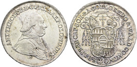 GEISTLICHKEIT. OLMÜTZ, BISTUM. Anton Theodor von Colloredo, 1777-1811. 20 Kreuzer ø 27mm (6.65g). 1779 W-ICFA, Wien. Brustbild in geistlichem Ornat na...