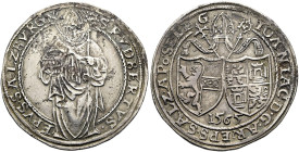 GEISTLICHKEIT. SALZBURG, ERZBISTUM. Johann Jakob Khuen von Belasi, 1560-1586. 1/2 Taler ø 33mm (14.15g). 1565, Salzburg. Heiliger Rudbertus mit Salzfa...