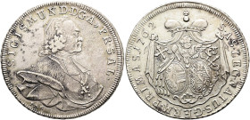 GEISTLICHKEIT. SALZBURG, ERZBISTUM. Sigismund III. von Schrattenbach, 1753-1771. Konventionstaler ø 39mm (27.91g). 1762 FMK, Salzburg. Drapiertes Brus...